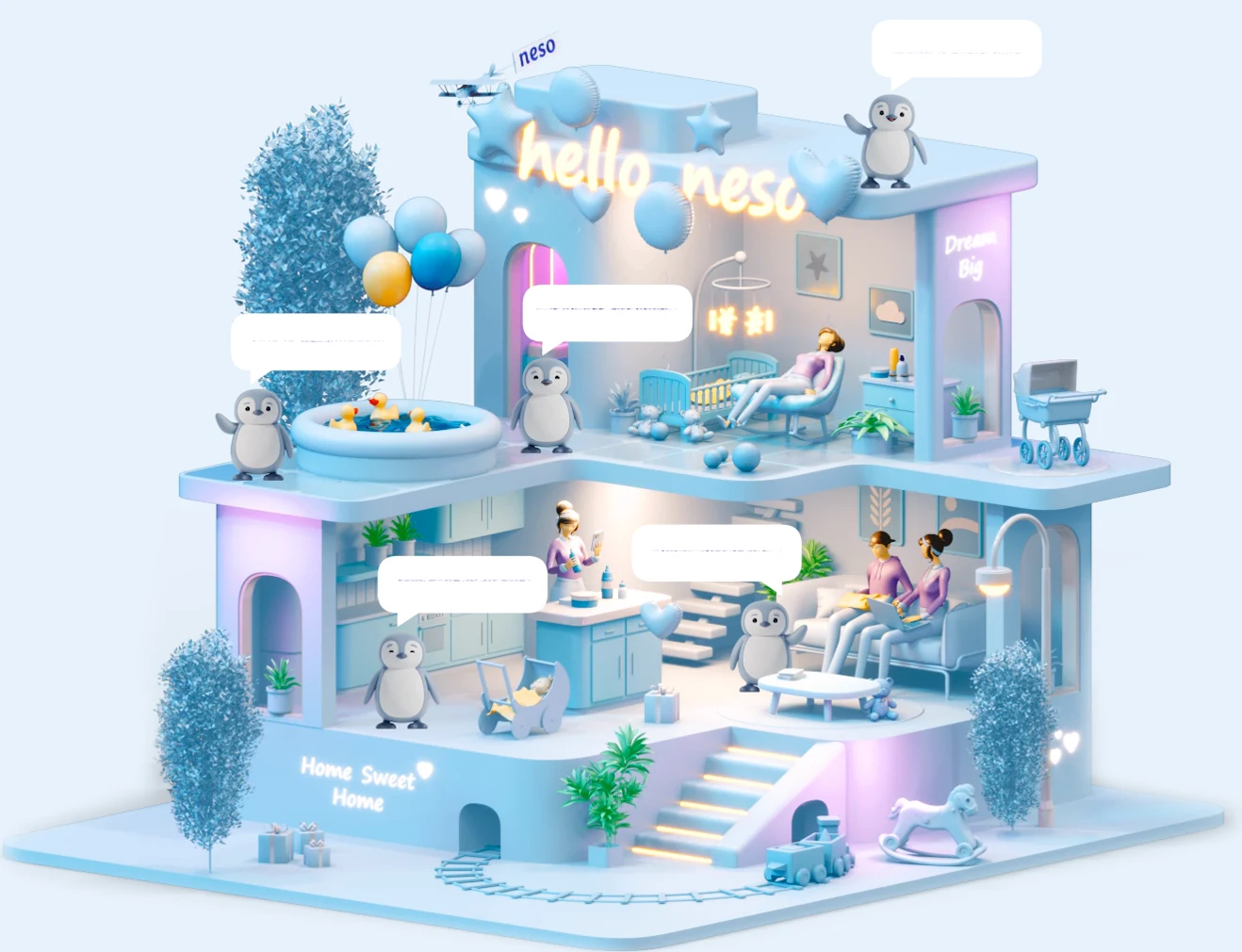 An illustrated neso home where caregivers and penguins share the day