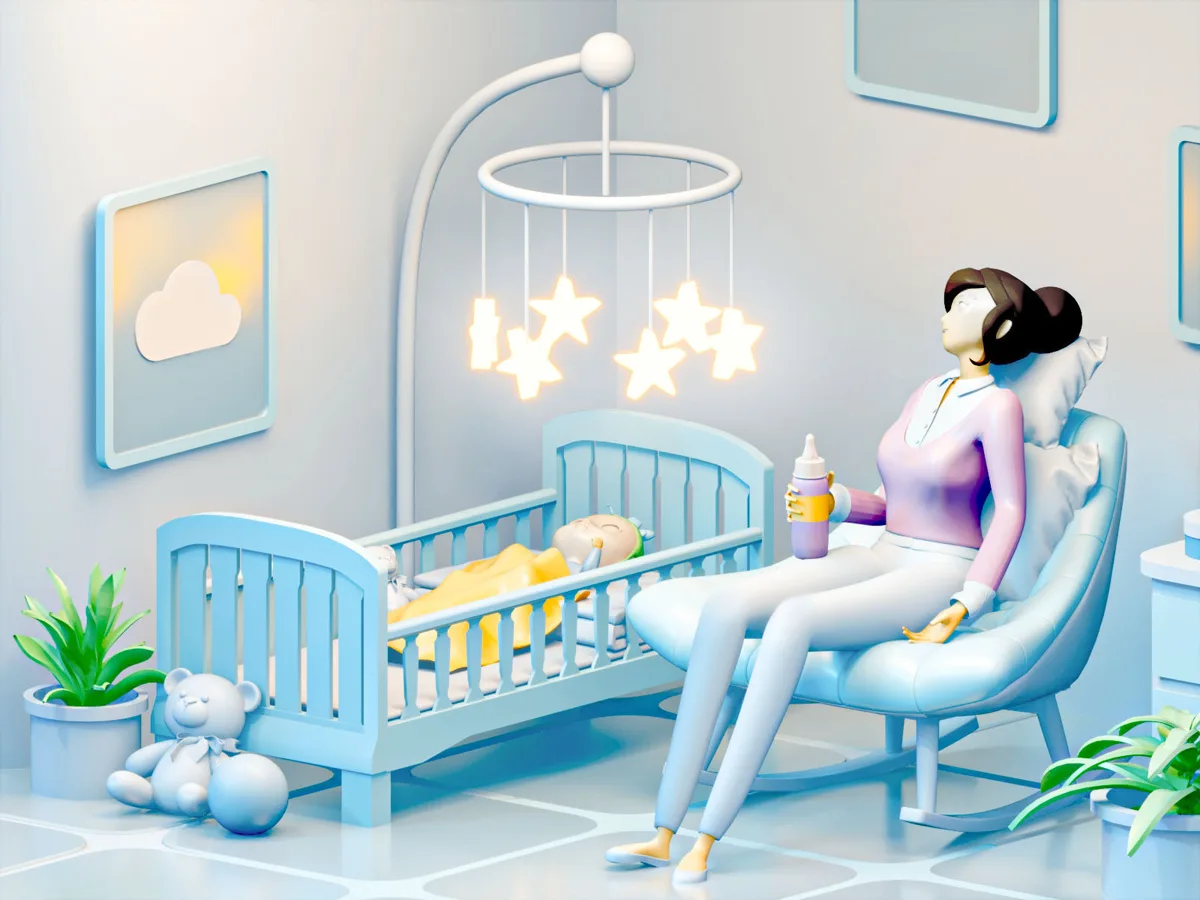 A parent resting in a nursery beside a sleeping baby's crib